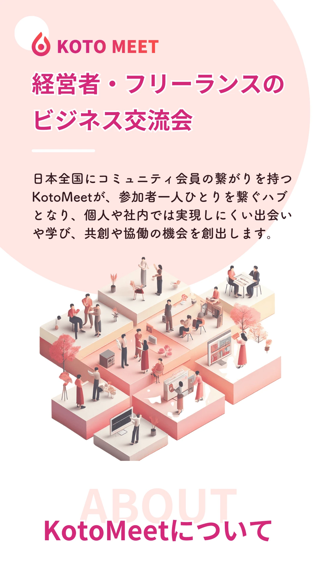 日本全国にコミュニティ会員の繋がりを持つ KotoMeetが、参加者一人ひとりを繋ぐハブ
となり、個人や社内では実現しにくい出会い や学び、共創や協働の機会を創出します。